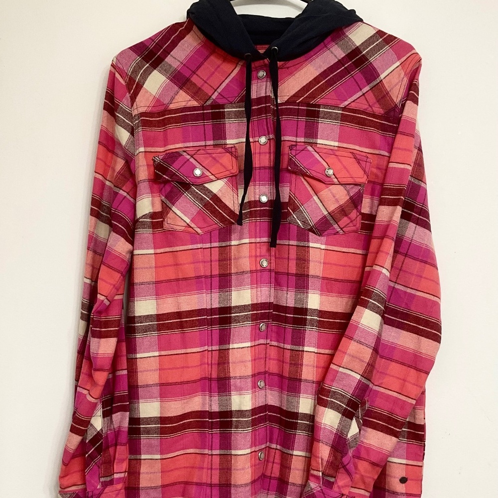 Legendary Whitetails Womens Plaid Flannel Hooded Shirt Pearled Snaps Size M